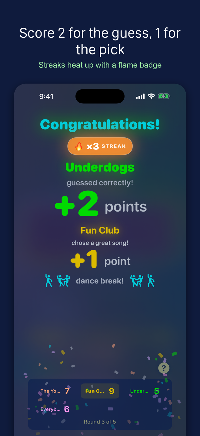 Correct-guess reveal with a streak badge